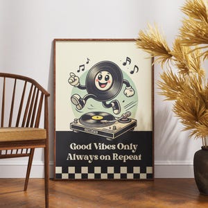 Arte de disco de vinilo retro, impresión de dibujos animados de disco de baile, póster de música de solo buenas vibraciones, decoración de pared de tocadiscos, regalo de música vintage