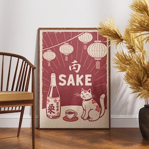 Poster chat saké, art japonais rétro, impression boisson Kawaii, art mural chat japonais, décoration de bar vintage, poster amateur de saké