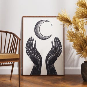 Celestial hands moon art print, mystical black and white wall decor, cosmic spiritual poster, boho lunar phase illustration