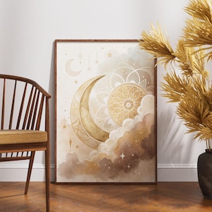 Arte de pared con mandala de luna celestial, póster lunar bohemio, impresión de noche estrellada de ensueño, decoración de cielo etéreo, ilustración de media luna mística