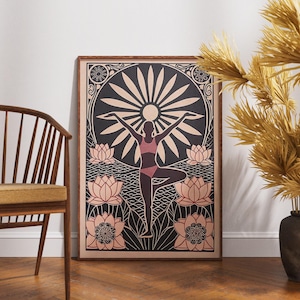 Póster de pose de bailarina vintage, arte de ciclo de loto en linóleo, decoración de pared de yoga zen, ilustración de yoga retro, impresión de meditación boho, regalo de bienestar