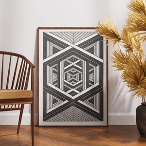 Geometric abstract pattern print, black and white optical illusion poster, modern line art, minimal graphic wall decor