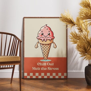 Retro Eiscreme Art Print, niedliche Eistüte Cartoon, chill out Melt the Stress Poster, Vintage Dessert Küche Wanddekor