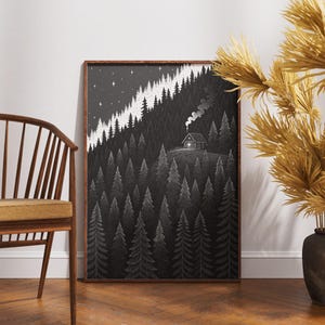 Gemütliche Hütte Wandbild, schwarz weiß Wald Druck, sternenklare Nacht Landschaft, Berghütte Dekor, rustikales Wald Poster, Kiefer Baum Kunst