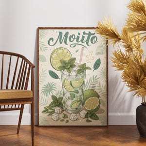 Póster de mojito vintage, arte mural de cócteles retro, decoración de bar clásica, obra de arte de bebidas rústicas, impresión de bebida nostálgica, arte de bar tropical para el hogar