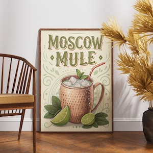Vintage Moskauer Mule Poster, Retro Cocktail Wandkunst, Klassisches Bar Dekor, Rustikales Getränke Kunstwerk, Nostalgisches Getränk Druck, Kupferbecher Kunst