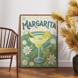 Póster vintage de margarita, arte mural de cócteles retro, decoración clásica de bar, obra de arte de bebidas rústicas, impresión de bebida nostálgica, decoración tropical para el hogar