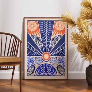 Vintage Sun Garden Poster, Linolschnitt Geometrischer Kunstdruck, Retro Natur Wanddekoration, Boho Botanische Illustration, Sonne und Garten Kunstwerk
