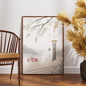 Arte mural de carillón de viento, póster minimalista japonés, impresión de naturaleza zen, decoración inspirada en Wabi Sabi, ilustración de brisa tranquila, obra de arte pacífica