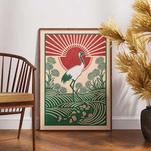Póster vintage de grulla, arte de serenidad de ciruela en linóleo, decoración de pared de naturaleza zen, ilustración de pájaro retro, impresión botánica bohemia, regalo para amantes de la naturaleza