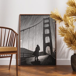 Moody bridge art print, noir silhouette wall art, black and white rainy city poster, dramatic urban night scene decor