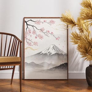 Mount Fuji and Sakura Wall Art, Japanese Landscape Poster, Cherry Blossom Zen Print, Wabi Sabi Inspired Decor, Kintsugi Style Nature Art