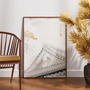 Japanische Dachwandkunst, Goldener Regen Minimalistisches Poster, Kintsugi-Stil Architekturdruck, Wabi Sabi inspiriertes Dekor, ruhige Zen-Szene