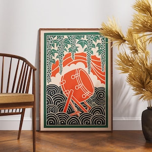 Vintage Taiko Trommel Poster, Linolschnitt Glyzinien Poster, Retro Japanische Wanddekoration, Boho Musikdruck, Traditionelle Kultur Illustration