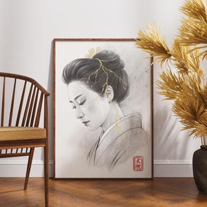 Elegante Japanse vrouwenkunst, grafietportret met goudscheuren, geïnspireerd door kintsugi, emotioneel minimalistisch wanddecor, Aziatische print