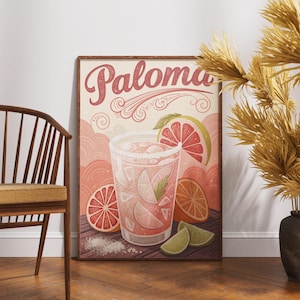 Vintages Paloma Plakat, Retro Cocktail Wandkunst, klassisches Bardekor, rustikale Getränkekunst, nostalgischer Getränkedruck, Grapefruit-Cocktailkunst