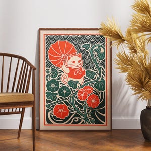 Vintage Kimono Kätzchen Poster, Linolschnitt Morning Glories Art, Retro Katzen Illustration, Boho Blumen Wanddekor, Einzigartiger Katzen Druck, Einzigartiges Geschenk