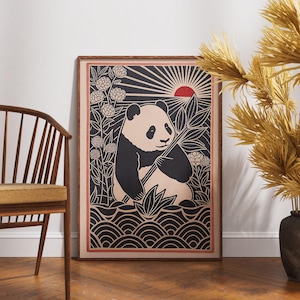 Póster de panda vintage, arte linograbado de Chrysanthemum Haven, decoración de pared retro de animales, ilustración de naturaleza bohemia, impresión floral de vida salvaje, regalo único