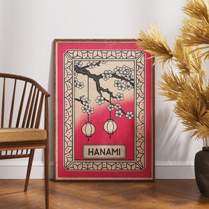 Hanami Matchbox Poster, Vintage Japanese Cherry Blossom Art, Sakura Lantern Wall Print, Red Floral Illustration, Spring Decor