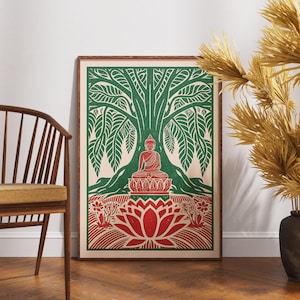 Vintage Buddha Poster, Linolschnitt Lotus Umarmung Kunst, spirituelle Zen-Wanddekoration, Boho Meditation Illustration, Retro Buddha Druck