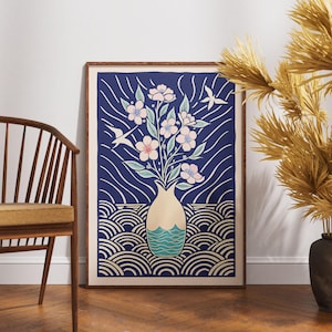 Póster vintage de ikebana, arte de susurros de sakura en linóleo, decoración de pared con motivos florales zen, ilustración retro de flores japonesas, idea de regalo con impresión botánica