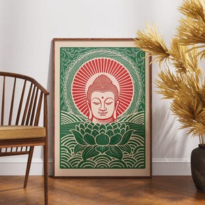 Póster vintage de Buda, arte con halo de loto en linóleo, decoración de pared espiritual zen, ilustración retro de Buda, impresión de meditación bohemia, regalo de atención plena