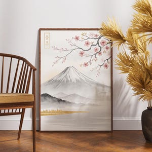 Berg Fuji und Sakura Wandkunst, Japanische Landschaft Poster, Kirschblüte Zen Print, Wabi Sabi inspirierte Dekoration, Kintsugi Stil Natur Kunst