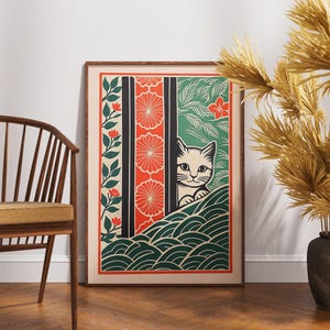 Vintage Shoji Kätzchen Poster, Linolschnitt Pflaumenblüte Kunst, Retro Katze Wanddekoration, Boho Japanische Illustration, Zen Natur Druck, Einzigartiges Geschenk