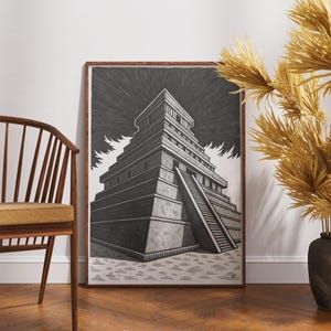 Mayan pyramid wall art, ancient temple illustration, black and white Aztec poster, historical architecture print, tribal decor