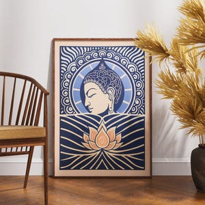 Póster vintage de Buda, arte de mirada de loto en linóleo, decoración de pared espiritual zen, ilustración retro de Buda, impresión de meditación bohemia, regalo de atención plena