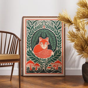 Vintage Fuchs Poster, Linoldruck Wald Gobelin Kunst, Retro Wald Wanddekoration, Boho Natur Illustration, Fuchs im Wald Druck, Wildtier Geschenk