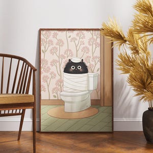 Lustige schwarze Katze eingewickelt in Toilettenpapier Kunst, Kawaii Badezimmer Dekor, Japandi Katzen Illustration, minimalistischer niedlicher Wanddruck, Zen Kitty Poster