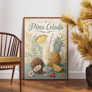 Póster vintage de piña colada, arte mural de cócteles retro, decoración clásica de bebidas tropicales, obra de arte de bebidas rústicas, impresión nostálgica de verano