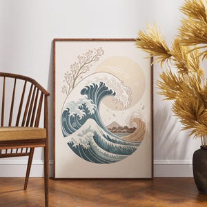 Impresión artística de olas japonesas, póster inspirado en la Gran Ola del Océano, arte mural minimalista del Monte Fuji, decoración costera zen, estilo ukiyo-e moderno