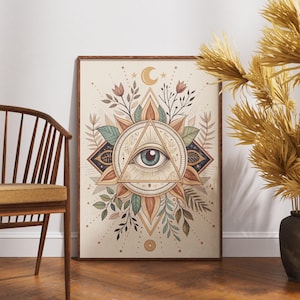 Mystical All Seeing Eye Print, Botanical Pyramid Wall Art, Spiritual Third Eye Poster, Boho Esoteric Floral Geometric Artwork