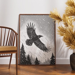 Raben fliegend im Sturm Druck, schwarz weiss Wald Vogel Wand Kunst, gotische Natur Dekor, mystische Raben Illustration Poster