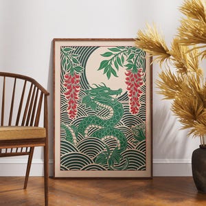 Póster de dragón vintage, arte de luna de glicina en linóleo, decoración de pared mítica zen, impresión retro de inspiración asiática, obra de arte de fantasía boho, idea de regalo
