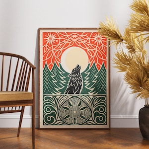 Vintage Wolf Poster, Linolschnitt Midnight Chorus Art, Retro Wildtier Wanddekoration, Boho Natur Illustration, mystischer Mond Druck, einzigartiges Geschenk