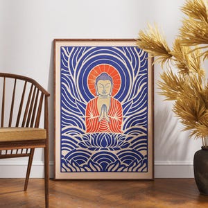 Póster vintage de Buda, arte de ensueño de loto en linóleo, decoración de pared espiritual zen, impresión de meditación bohemia, ilustración retro de Buda, idea de regalo única
