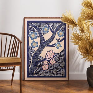 Vintage Kirschblüten Poster, Linolschnitt Reverie Kunstdruck, Zen Blumenwanddekor, Retro Natur Illustration, Boho Botanische Kunstwerk, Geschenkidee