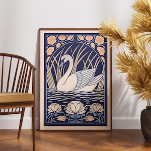 Vintage Schwan Poster, Linoldruck Ruhige Lagune Kunst, Retro Natur Wanddekoration, Boho Vogel Illustration, Gelassener Wasservogel Druck, Einzigartiges Geschenk
