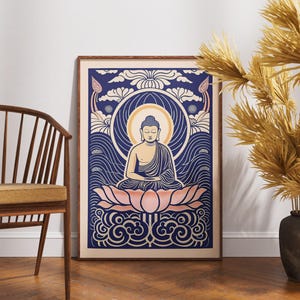 Vintage Buddha Poster, Linoldruck Lotus Aura Kunst, Zen spirituelle Wanddekoration, Retro Meditation Illustration, Boho Buddha Druck, einzigartiges Geschenk