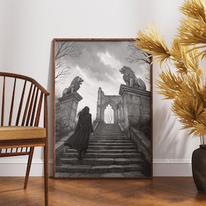 Arte mural de ruinas góticas, ilustración de escalera de fantasía, impresión de mujer misteriosa, póster de castillo romántico oscuro, decoración de estatua de león