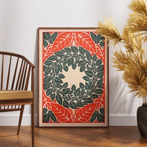 Vintage botanisches Kranz-Plakat, Linolschnitt verzierte Blumenkunst, Retro Natur-Wand-Dekor, Boho botanische Illustration, rustikaler Blumendruck