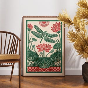 Póster vintage de libélula, arte de armonía de loto en linóleo, decoración de pared de naturaleza zen, ilustración botánica retro, impresión de libélula bohemia, idea de regalo