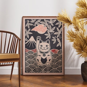 Póster vintage de Maneki-Neko, arte de Maple Breeze en linóleo, decoración de pared de gato de la suerte japonés, ilustración boho retro, impresión de naturaleza zen, regalo único