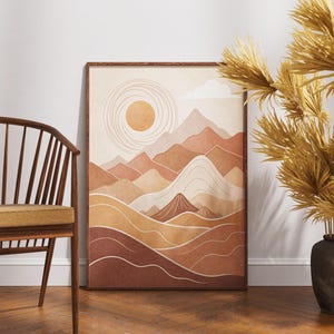 Boho Mountain Landscape Wall Art, Earth Tone Abstract Nature Print, Minimalist Sun and Hills Poster, Warm Neutral Nature Decor