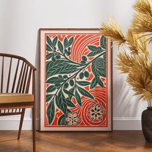 Póster vintage de rama de olivo, arte botánico adornado con linograbado, decoración de pared de naturaleza retro, impresión minimalista bohemia, elegante ilustración floral