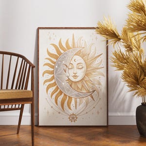 Sonne und Mond Gesicht Wandkunst, Himmlisches Paar Poster, spirituelle Linie Kunstdruck, kosmisches feminines Energiedekor, Boho Astrologie Kunst
