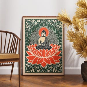 Póster de arte de Buda vintage, impresión de dosel de Bodhi en linóleo, decoración de pared zen espiritual, obra de arte de meditación boho, ilustración retro de Buda